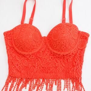 Juju Be Neon Coral Lace Fringe Bustier Crop Top Underwire Hook Back Women L